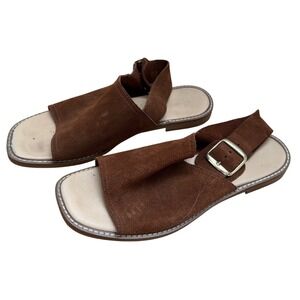 Made in Italy Brown Suede Slingback Sandals Buckle Square Toe Flat Shoes Womens